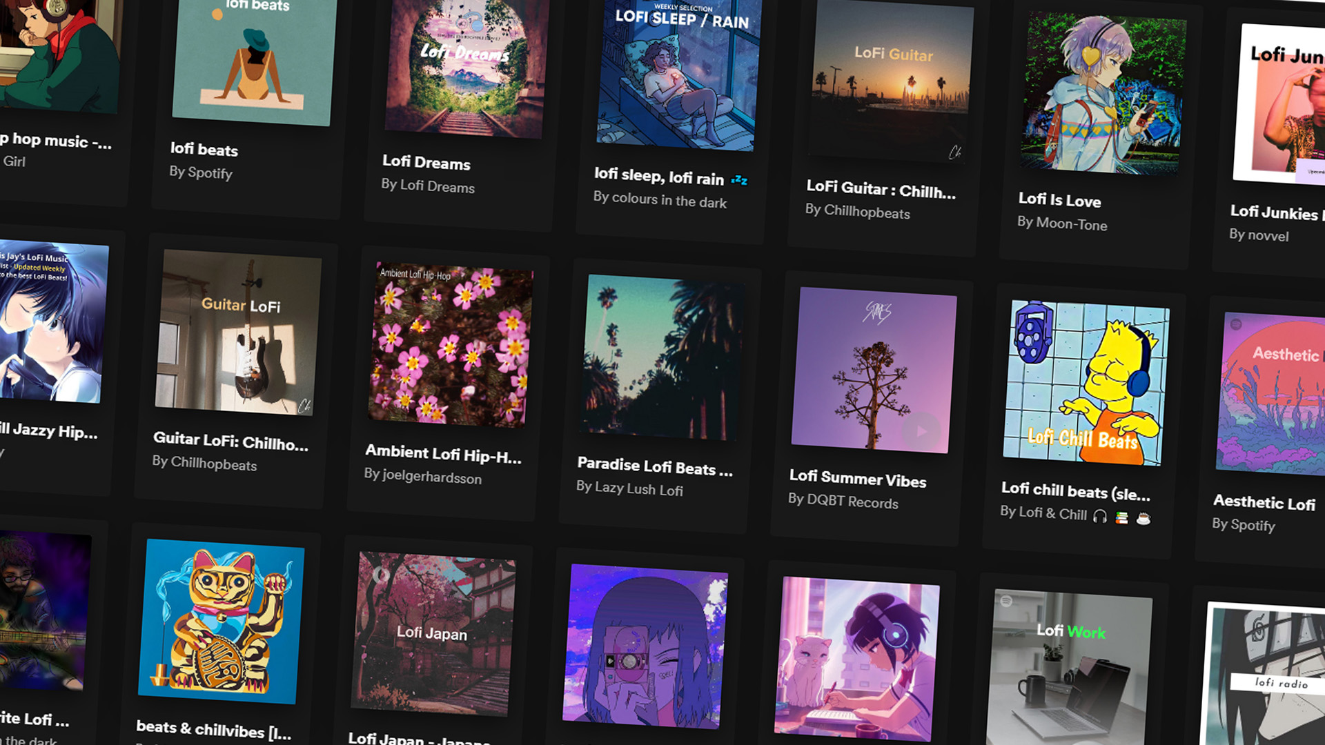 A screenshot of a number of chillhop Spotify playlists