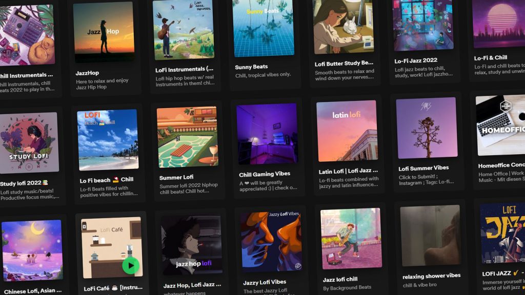 A screenshot of a series of label-owned playlists on Spotify within the lofi hip-hop space.