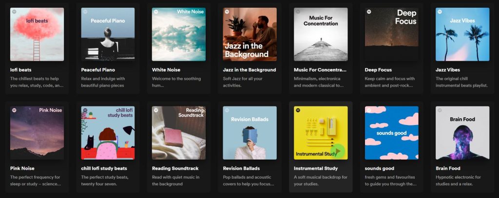 A screenshot of Spotify editorial playlists for "focusing", including lofi beats, Peaceful Piano, Music for Concentration, and Deep Focus.